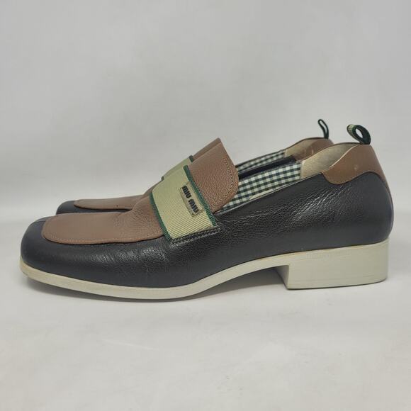 Miu Miu Shoes Mens 6.5 Brown Green Leather Colorblock Loafers Slip On Sporty main image 7